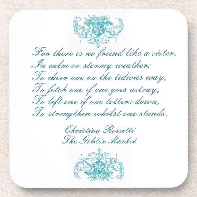 Sisters Poem by Christina Rosetti in Blue Ink Beverage Coaster (Front)