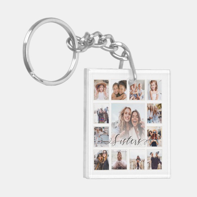 Sisters Script Family Memory Photo Grid Collage Keychain (Front Left)