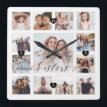 Sisters Script Family Memory Photo Grid Collage Square Wall Clock<br><div class="desc">A beautiful personalized gift for your sister that she'll cherish for years to come. Features a modern thirteen photo grid collage layout to display 13 of your own special family photo memories. "Sisters" designed in a beautiful handwritten black script style. Each photo is framed with a simple gold-colored frame. Simple...</div>