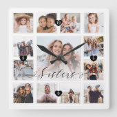 Sisters Script Family Memory Photo Grid Collage Square Wall Clock (Front)