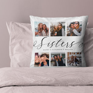 Sisters Script   Gift For Sisters Photo Collage Throw Pillow