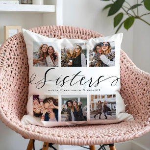 Sisters Script Gift For Sisters Photo Collage Throw Pillow