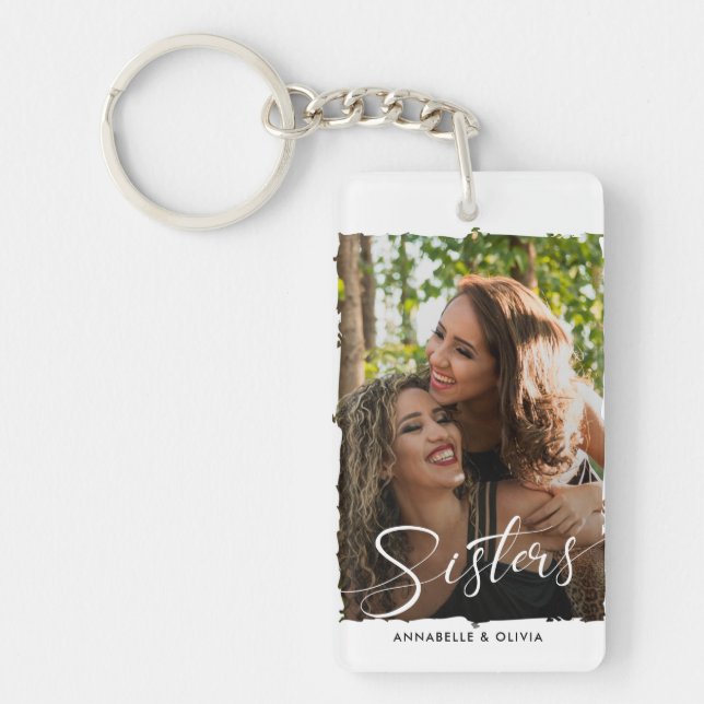 Sisters Script Modern Photo  Keychain (Front)