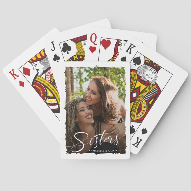 Sisters Script Modern Photo  Poker Cards (Back)