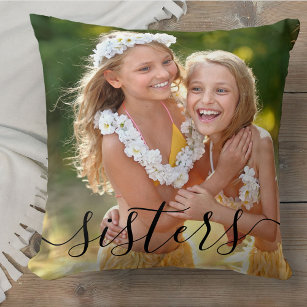 Sisters Script Overlay 2 Photo Personalized Throw Pillow