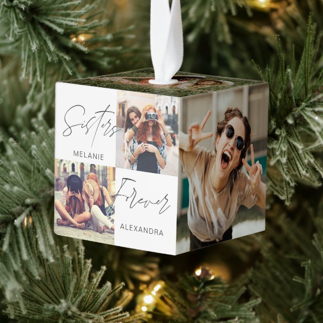 Sisters Script Overlay, Multiple Photo Trendy Cube Ornament (Tree)