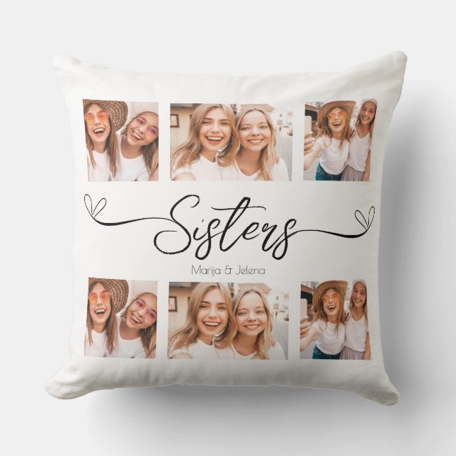 Sisters Script Photo Collage Gift For Sisters Throw Pillow (Front)