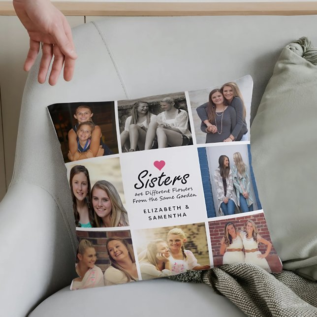 Sisters Script Quote Hot Pink Heart Photo Collage Throw Pillow (Creator Uploaded)