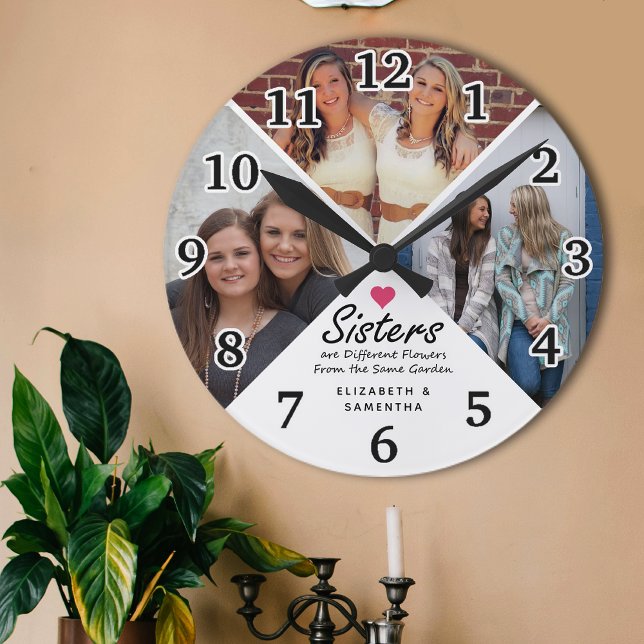 Sisters Script Quote Modern Hot Pink Heart Photo Round Clock (Creator Uploaded)