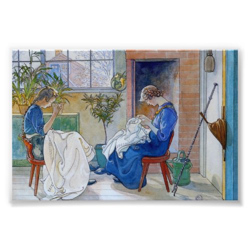 Sisters Sewing by the Fireplace Photo Print