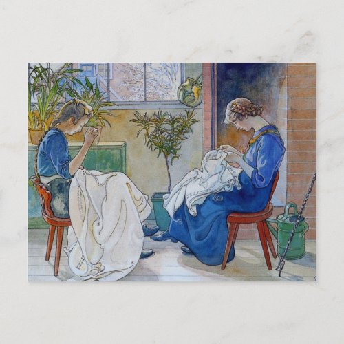 Sisters Sewing by the Fireplace Postcard