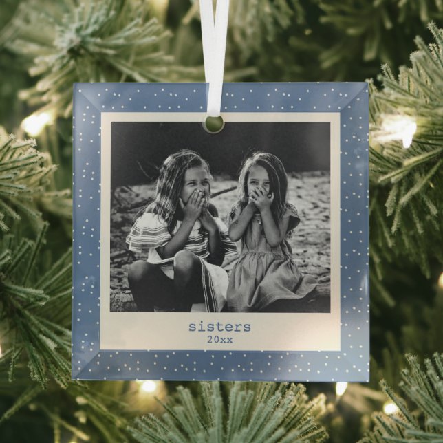 Sisters Simple Modern Blue Dots Customized Photo Glass Ornament (Insitu)
