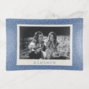 Sisters Simple Modern Blue Dots Customized Photo Trinket Tray
