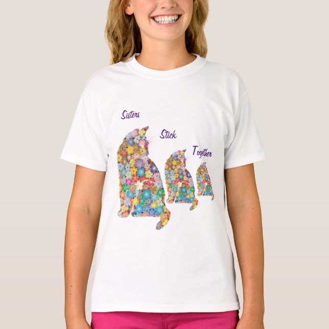 Sisters Stick Together 3 Kittens Kitty Cats Flower T-Shirt (Front)