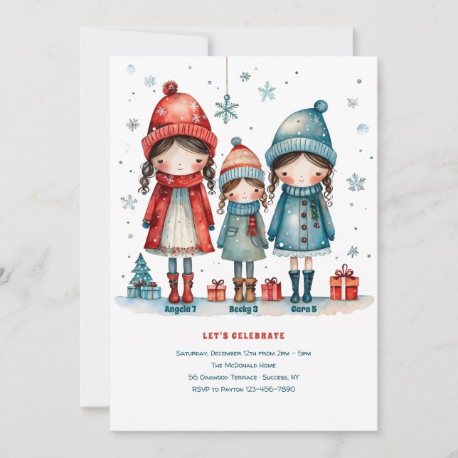 Sisters Three Christmas Birthday Invitation (Front)