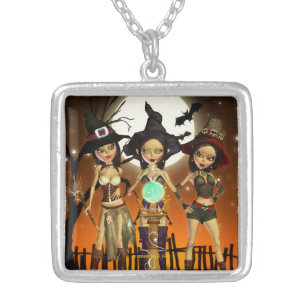 Sisters Three Witch Square Pendant Necklace