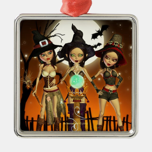 Sisters Three Witch Square Silver Ornament (Front)