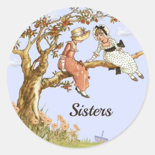 Sisters Vintage Girls in Apple Tree Classic Round Sticker