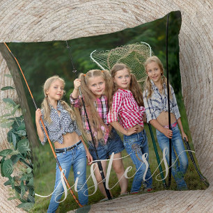 Sisters White Script Overlay 2 Photo Personalized Throw Pillow