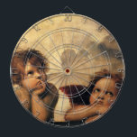 Sistine Madonna Angels by Raphael Sanzio Dartboard With Darts<br><div class="desc">Sistine Madonna (detail) (c. 1512-1514). Artist: Raphael Sanzio (1483-1520) or simply Raphael or Raffaello. Sistine Madonna (detail) is a vintage Renaissance fine art religious portrait painting featuring two angels looking upwards towards the clouds and the heavens.</div>
