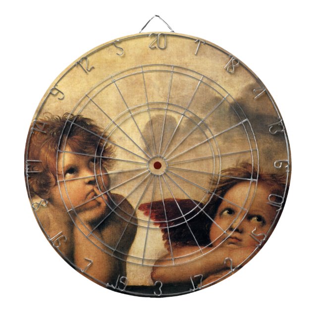 Sistine Madonna Angels by Raphael Sanzio Dartboard With Darts (Front)