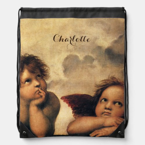 Sistine Madonna Angels by Raphael Sanzio Drawstring Bag