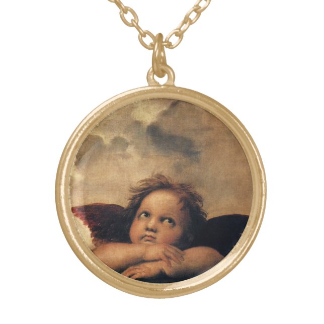 Sistine Madonna Angels by Raphael Sanzio Gold Plated Necklace (Front)