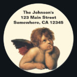 Sistine Madonna, Angels detail by Raphael Sanzio Classic Round Sticker<br><div class="desc">Sistine Madonna,  angels detail (c. 1512-1514) by Raphael Sanzio (1483-1520) a vintage Renaissance fine art religious portrait painting. Two angelic angels looking upwards towards the clouds and heaven.</div>