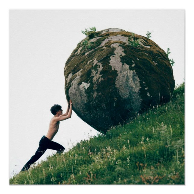 Sisyphus Rolling Boulder Up Hill Poster Wall Art (Front)