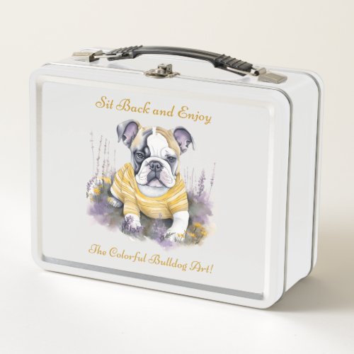 Sit back and enjoy the colorful bulldog art metal lunch box