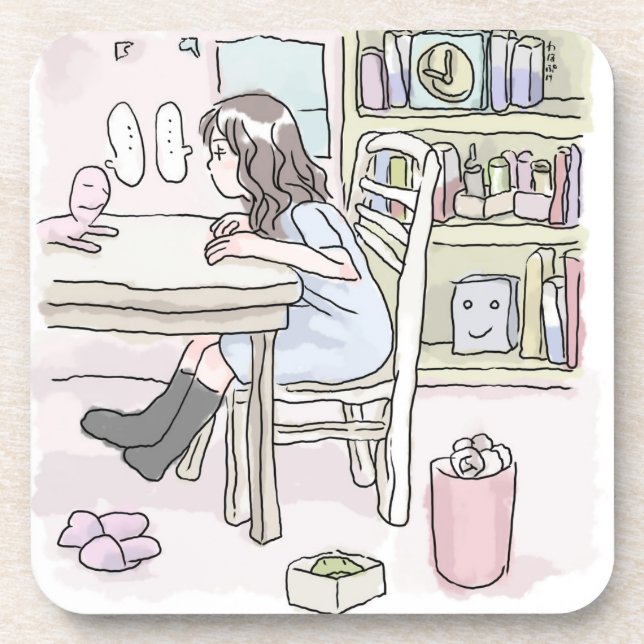 sit down at a desk in a small room beverage coaster (Front)