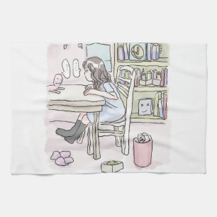 sit down at a desk in a small room kitchen towel