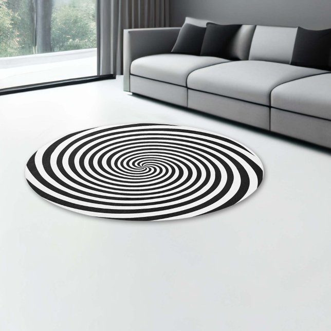 Sit Right Down by My Hypnosis Spiral Rug (Set your feet on the trippy side with our black and white Hypnosis area rug—the perfect mind bender!)