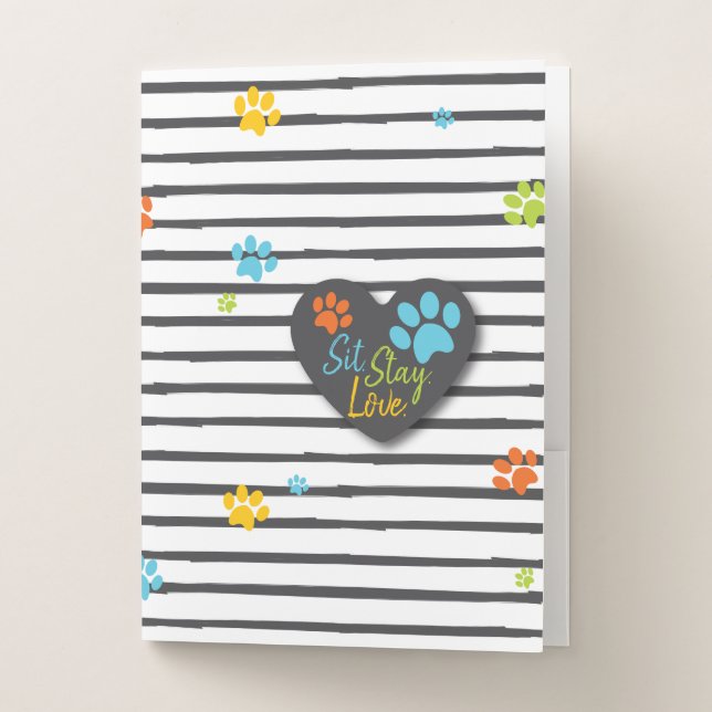 Sit.Stay.Love. Colorful Paw Print Pocket Folder (Front)
