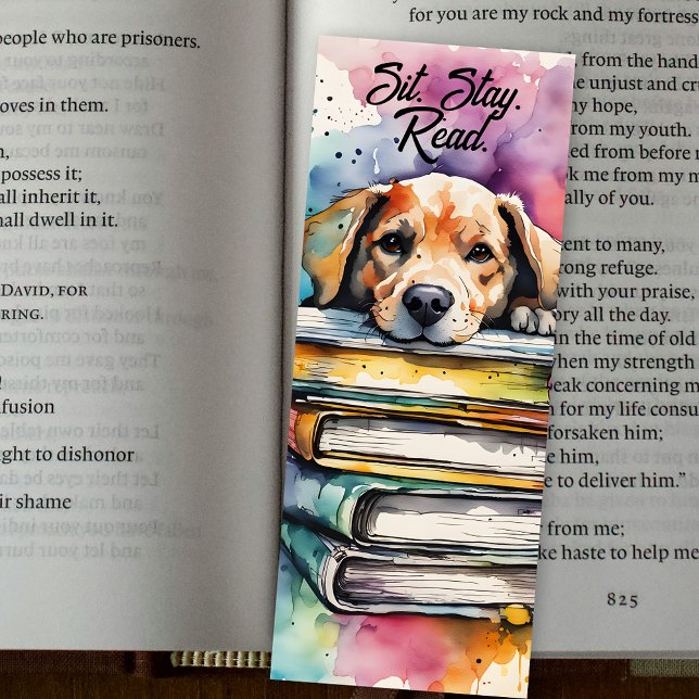 Sit Stay Read Watercolor Dog on a Stack of Books Bookmarks (Creator Uploaded)