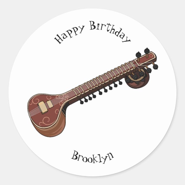 Sitar cartoon illustration classic round sticker (Front)