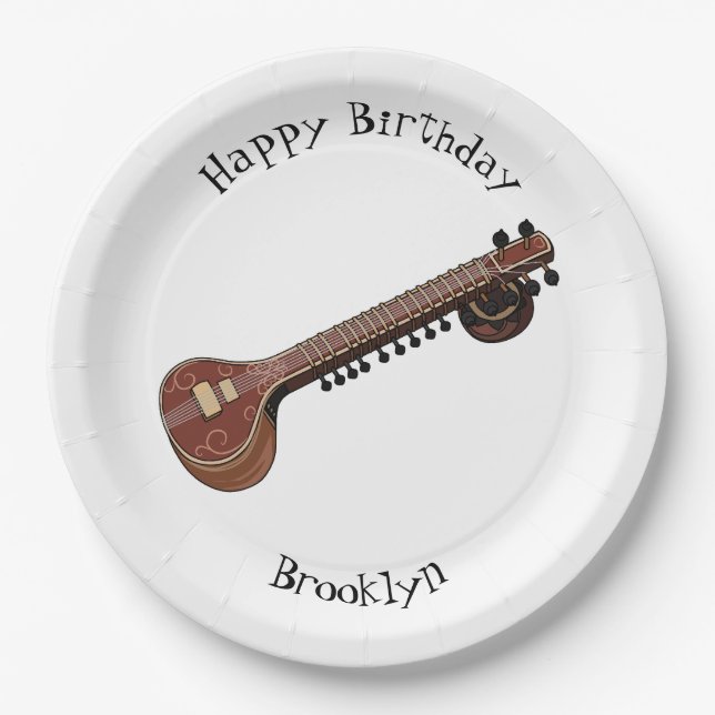 Sitar cartoon illustration paper plates (Front)
