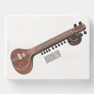 Sitar cartoon illustration wooden box sign