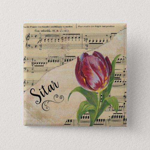 Sitar Elegant Tulip Vintage Sheet Music Square Button