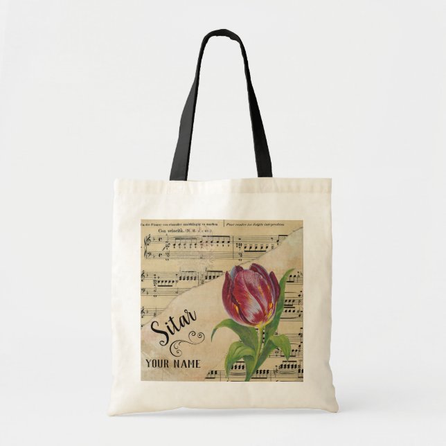 Sitar Tulip Vintage Sheet Music Customized Tote Bag (Front)