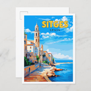 Sitges Spain vintage travel illustration Postcard