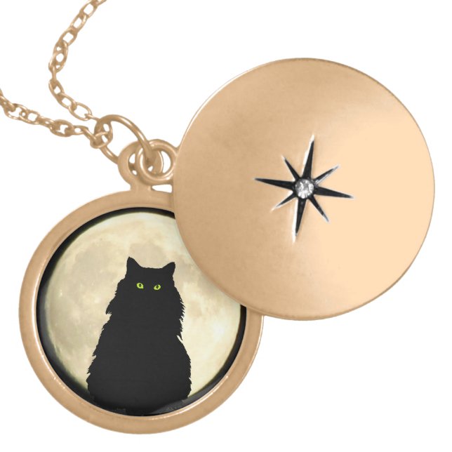 Sitting Black Cat and Moon Locket Necklace (Front)