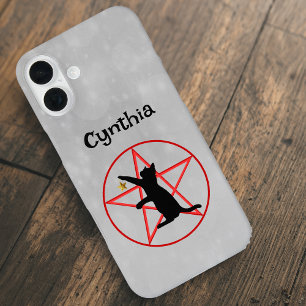 Sitting Black Cat Gold Star on Red Pentagram Grey iPhone 16 Plus Case