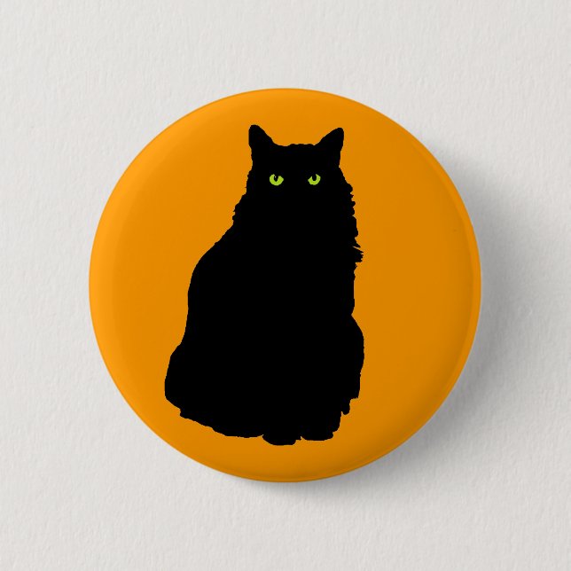 Sitting Black Cat on Orange Pinback Button (Front)