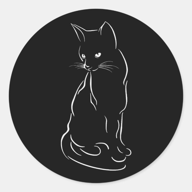 Sitting Black Cat Silhouette | Hand Sketched Classic Round Sticker (Front)