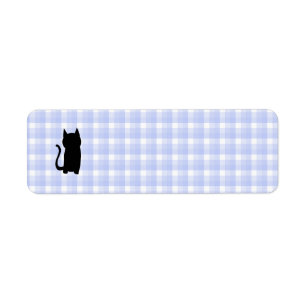 Sitting Black Cat Silhouette. On pale blue check. Label