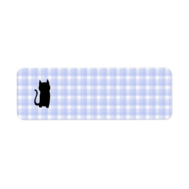 Sitting Black Cat Silhouette. On pale blue check. Label (Front)