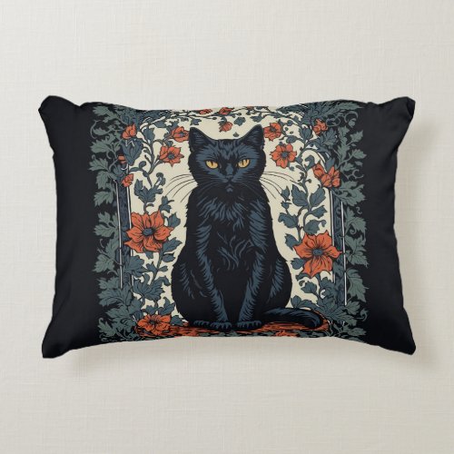 Sitting Black Cat Vintage Floral Accent Pillow