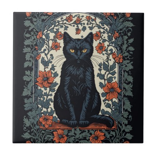 Sitting Black Cat Vintage Floral Ceramic Tile