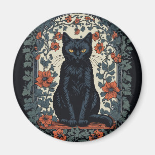 Sitting Black Cat Vintage Floral Magnet